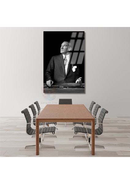 Siyah Beyaz Mustafa Kemal Atatürk Tablo Atatürk Cam Tablo Dikey Tablo Salon Ofis Tablosu