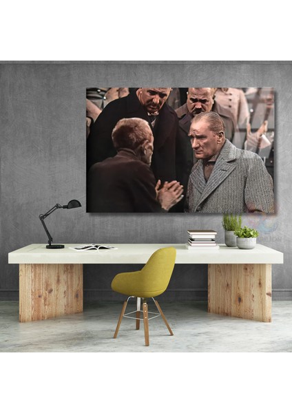 Atatürk ve Halk Temalı Renkli Cam Tablo Modeli Yatay Duvar Tablosu