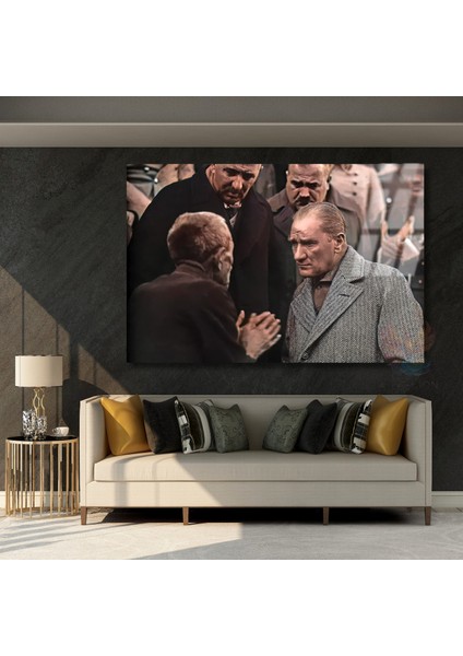 Atatürk ve Halk Temalı Renkli Cam Tablo Modeli Yatay Duvar Tablosu