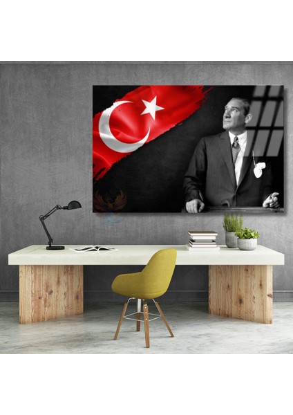 Atatürk ve Bayrak Temalı Cam Tablo Okul Ofis Tablosu Yatay Duvar Dekoru