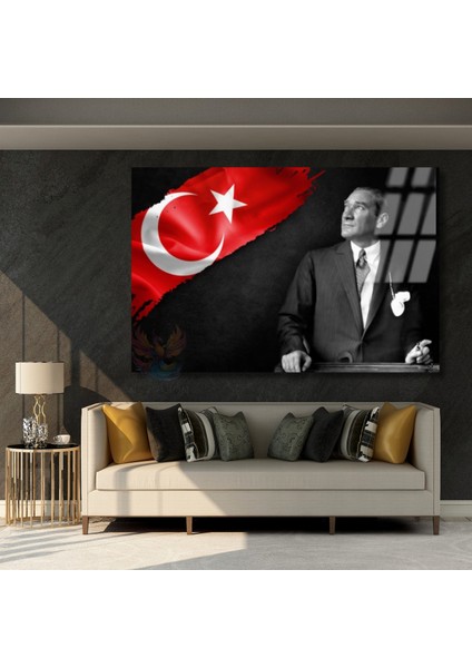 Atatürk ve Bayrak Temalı Cam Tablo Okul Ofis Tablosu Yatay Duvar Dekoru