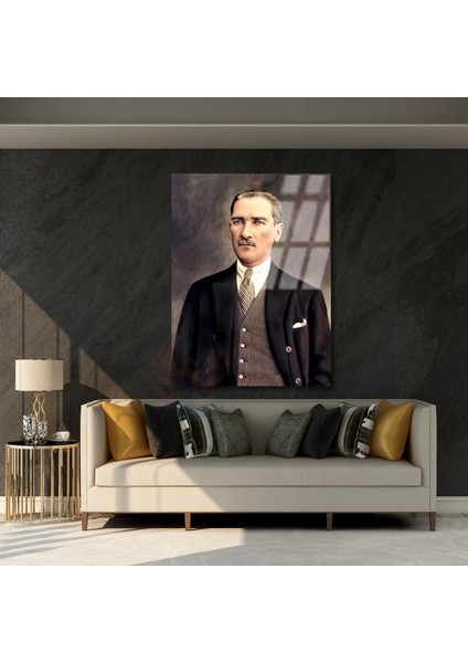 Renklendirilmiş Atatürk Cam Tablo Modeli Dikey Duvar Tablosu Ofis Ev Dekoru