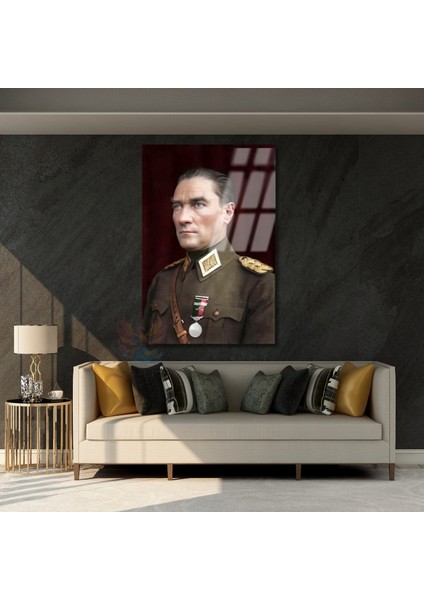 Dikey Cam Renkli Atatürk Tablosu Cam Ofis Ev Tablosu Duvar Dekoru