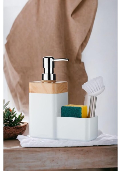 Bambu Desen Kapaklı Hazneli Sıvı Sabunluk Tezgah Üstü Mutfak Banyo Deterjanlık Fırça Sünger Dahil Değildir (Beyaz)