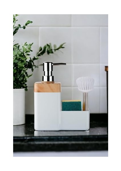 Bambu Desen Kapaklı Hazneli Sıvı Sabunluk Tezgah Üstü Mutfak Banyo Deterjanlık Fırça Sünger Dahil Değildir (Beyaz) fiyatları