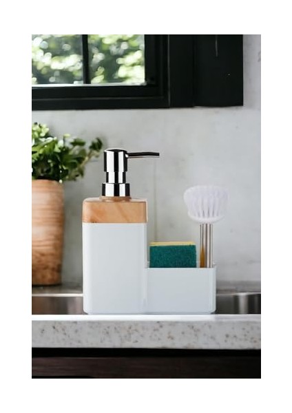 Bambu Desen Kapaklı Hazneli Sıvı Sabunluk Tezgah Üstü Mutfak Banyo Deterjanlık Fırça Sünger Dahil Değildir (Beyaz) modelleri