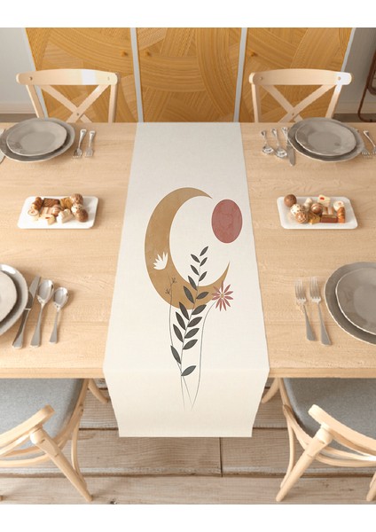 Bohem Çiçek Yaprak Dalga Deniz Güneş Su Ay Desenli Özel Tasarım Runner Dijital Baskılı Masa Örtüsü Bej Masa Runner