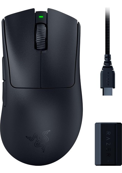 Deathadder V3 Pro + Razer Hyperpolling Kablosuz Adaptör - Ultra Hafif Kablosuz Ergonomik Esports Mous (63G, Focus Pro 30K Optik Sensör, Optik Fare Anahtarları Gen-3) Siyah