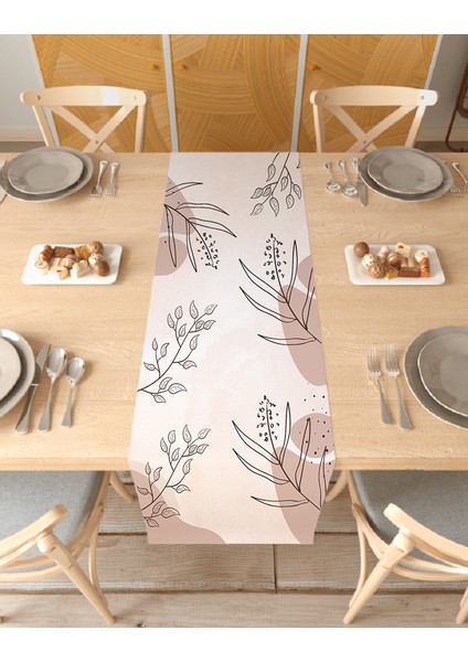 Bohem Çiçek Yaprak Dalga Deniz Güneş Su Ay Desenli Özel Tasarım Runner Dijital Baskılı Masa Örtüsü Bej Masa Runner