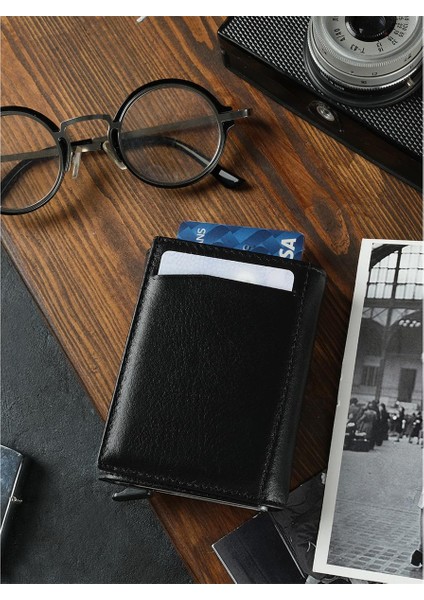 Deri Mekanizmalı Cüzdan/kartlık Siyah