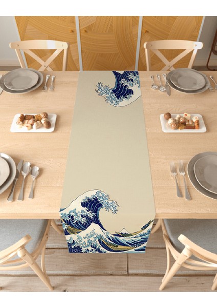 Bohem Çiçek Yaprak Dalga Okyanus Deniz Güneş Su Ay Desenli Özel Tasarım Runner Dijital Baskılı Masa ÖrtüsüBej Masa Runner