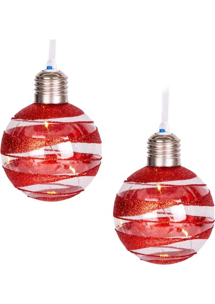 Yılbaşı Topu Ampul LED Işıklı Gold Simli Kırmızı 2'li Paket 7 cm .