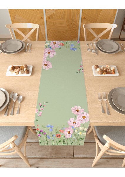 Bohem Çiçek Yaprak Dalga Deniz Güneş Su Ay Desenli Özel Tasarım Runner Dijital Baskılı Masa Örtüsü Yeşil Masa Runner