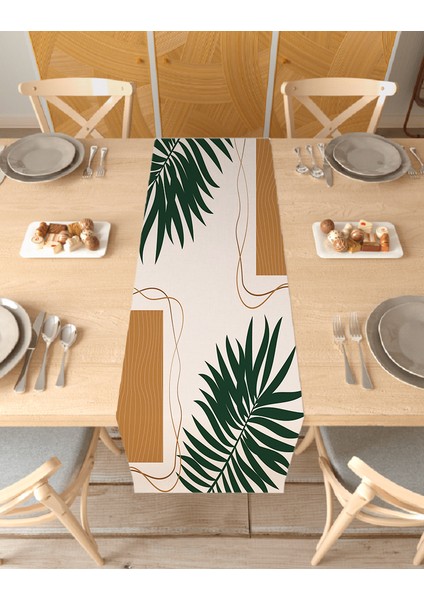 Bohem Çiçek Yaprak Dalga Deniz Güneş Su Ay Desenli Özel Tasarım Runner Dijital Baskılı Masa Örtüsü Bej Masa Runner