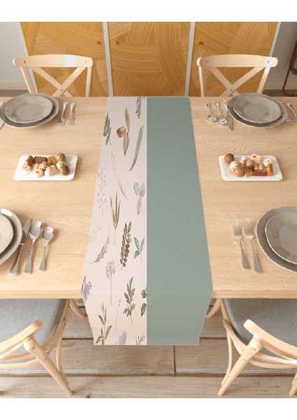 Bohem Çiçek Yaprak Dalga Deniz Güneş Su Ay Desenli Özel Tasarım Runner Dijital Baskılı Masa Örtüsü Bej Masa Runner
