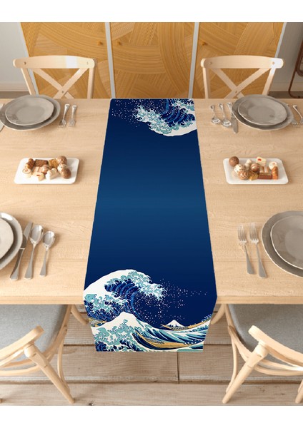 Bohem Çiçek Yaprak Dalga Deniz Güneş Okyanus Su Ay Desenli Özel Tasarım Runner Dijital Baskılı Masa Örtüsü Masa Runner