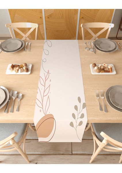 Bohem Çiçek Yaprak Dalga Deniz Güneş Su Ay Desenli Özel Tasarım Runner Dijital Baskılı Masa Örtüsü Bej Masa Runner