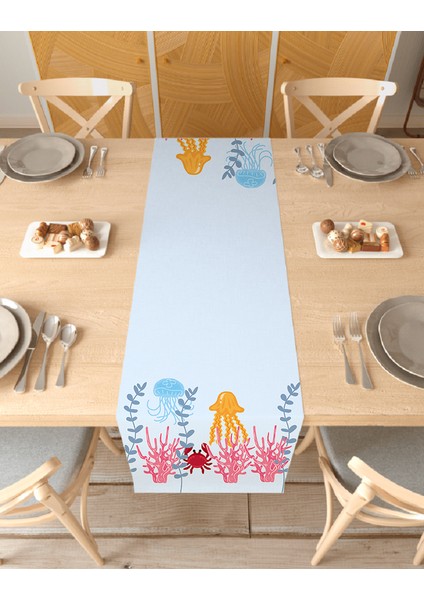 Bohem Çiçek Yaprak Dalga Deniz Ahtapot Balık Güneş Su Ay Desenli Özel Tasarım Runner Dijital Baskılı Masa Örtüsü Mavi Masa Runner