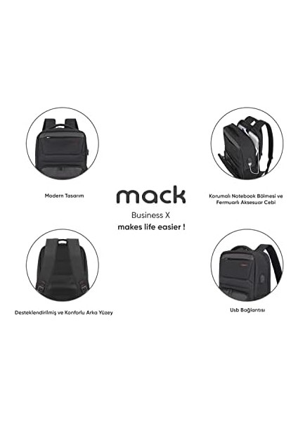 Business x MCC-805 Laptop Sırt Çantası, Profesyonel Sırt Çantası, Kadınlar ve Erkekler Için Bilgisayar Çantası, 15.6 Inç Notebook Çantası, USB Şarj Bağlantılı, Siyah