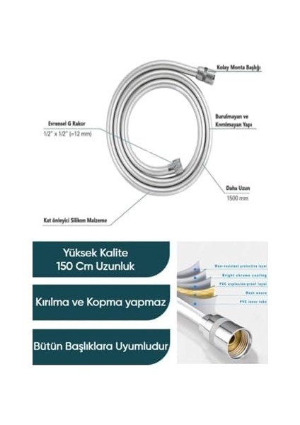Yeşil Paslanmaz Kopmaz Kaliteli Pvc Duş Hortumu Tüm Duş Setleri ile Uyumlu 1,5 Metre