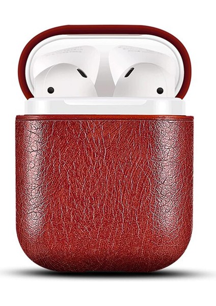 Apple Airpods 1/2 ile Uyumlu Deri Kılıf - (Lal Kırmızı)