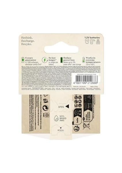 Batteries Recyko 650 Aaa Ince Kalem Ni-Mh Şarjlı Pil, 1.2 Volt, 2'li Kart