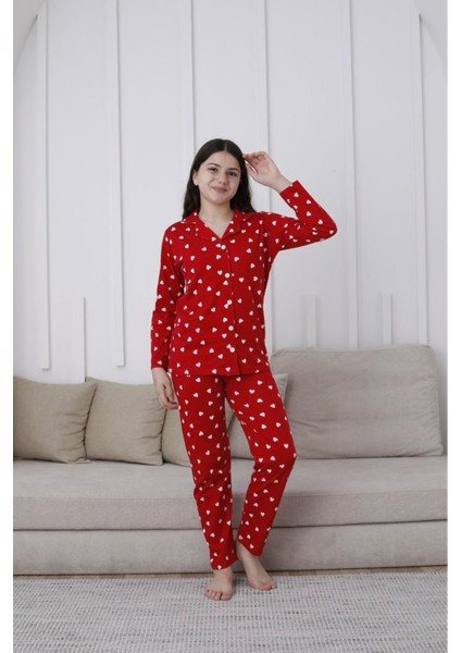 Kapip Kırmızı Önden Düğmeli Uzun Kollu Kız Çocuk Pijama Takımı 10-15 Yaş 59116-K