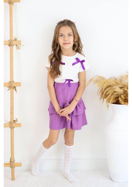 Kız Çocuk Kurdela Detay Etek Takım Mor-Beyaz YMN09