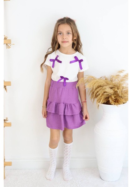 Kız Çocuk Kurdela Detay Etek Takım Mor-Beyaz YMN09 fiyatları