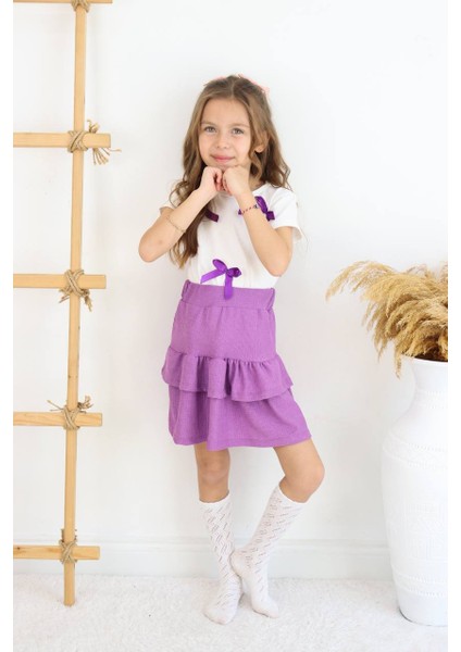 Kız Çocuk Kurdela Detay Etek Takım Mor-Beyaz YMN09 modelleri