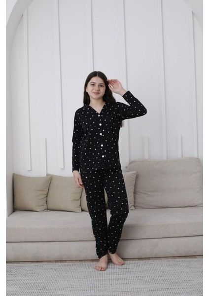 Kapip Siyah Önden Düğmeli Uzun Kollu Kız Çocuk Pijama Takımı 10-15 Yaş 59119-S