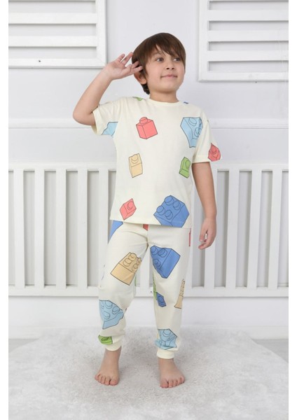 Isob Ekru LEGO Desenli %100 Pamuk Erkek Çocuk Kısa Kollu Pijama Takımı 3-8 Yaş 41316-E
