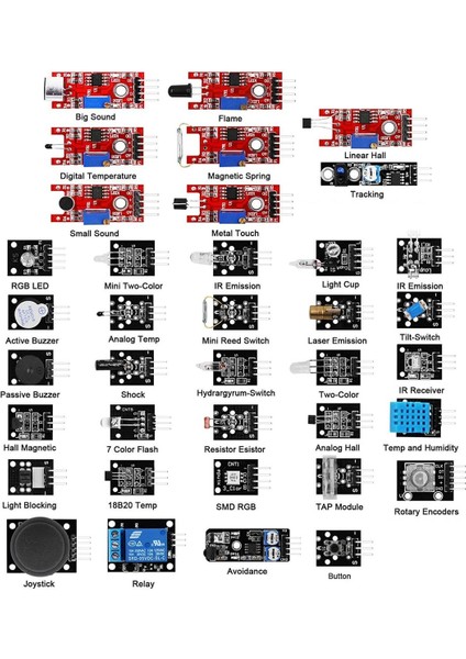 Arduino 37 Parça Sensör Seti Sıcaklık Nem Işık Ses Renk Alev Nabız Manyetik Titreşim Lazer Ir Buton