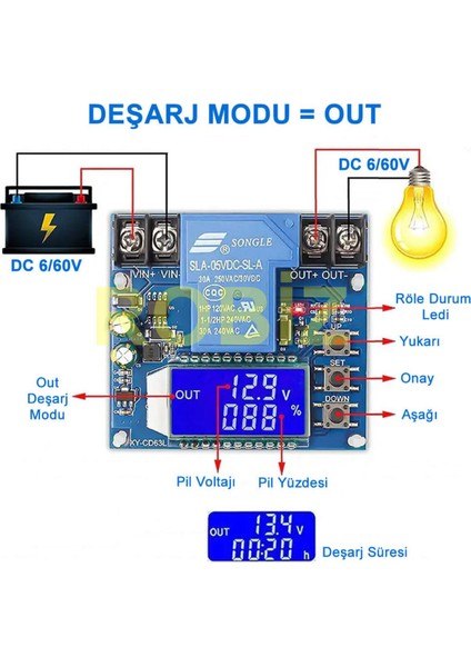 XY-CD63L 30A Pil Şarj Deşarj Modülü Dc 6/60V Batarya Kurşun Asit Lion Lityum Akü Voltaj Koruyucu modelleri