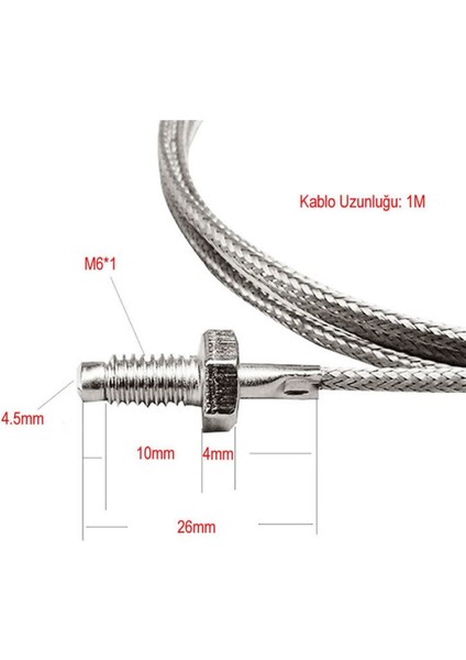 K Tip Thermocouple Sıcaklık Isı Sensörü 1 Metre 0c / 800C Paslanmaz Çelik M6 Dişli Prob K Tip