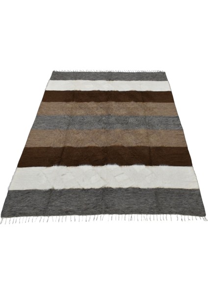 Yeni El Dokuma Geniş Çizgili Dikişsiz Çift Kişilik Tiftik Yün Siirt Battaniyesi Kilim 5800