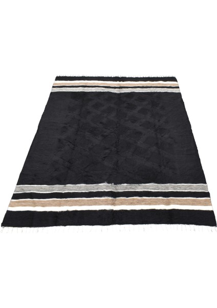 Yeni El Dokuma Siyah Dikişsiz Çift Kişilik Tiftik Yün Siirt Battaniyesi Kilim 5798