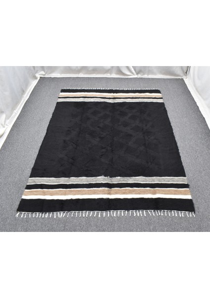 Yeni El Dokuma Siyah Dikişsiz Çift Kişilik Tiftik Yün Siirt Battaniyesi Kilim 5798