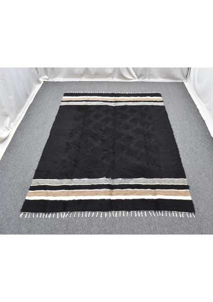 Yeni El Dokuma Siyah Dikişsiz Çift Kişilik Tiftik Yün Siirt Battaniyesi Kilim 5798