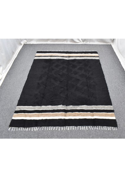 Yeni El Dokuma Siyah Dikişsiz Çift Kişilik Tiftik Yün Siirt Battaniyesi Kilim 5798