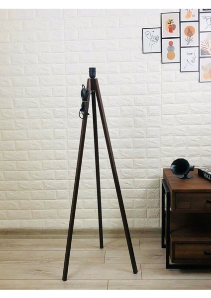 Lambader Ayağı Ahşap Ayak Üçlü Tripod Ayak Tesisatlı Abajur Ayağı Kahverengi L352