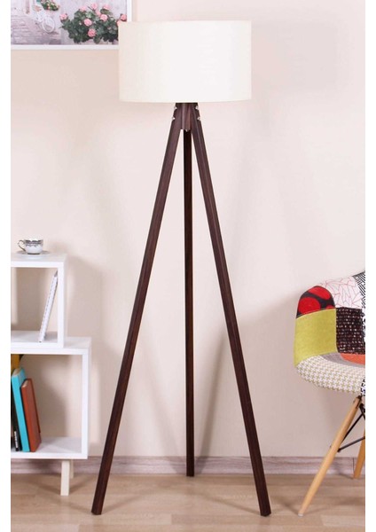 Luxury Avıze Tripod 3 Ayaklı Lambader Yuvarlak Krem Başlık Kahve Ayak