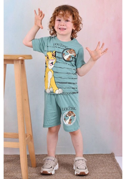 Pjkskt Lion King Desenli Yeşil Şortlu Erkek Çocuk Kısa Kol Takım 7530-Y