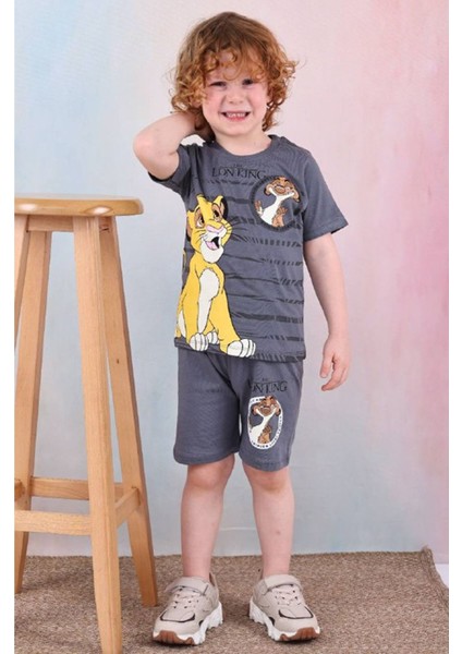 Pjkskt Lion King Desenli Füme Şortlu Erkek Çocuk Kısa Kol Takım 7530-F