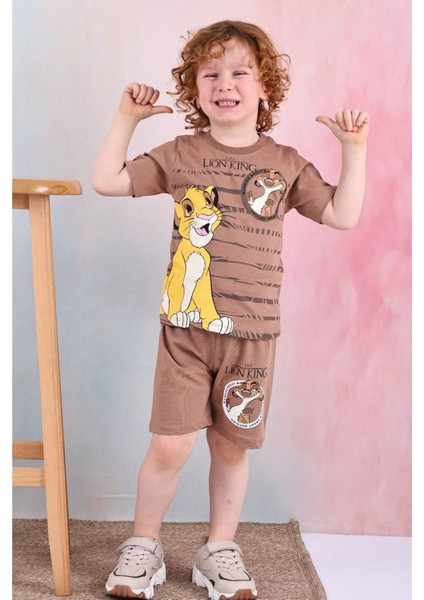 Pjkskt Lion King Desenli Kahverengi Şortlu Erkek Çocuk Kısa Kol Takım 7530-K