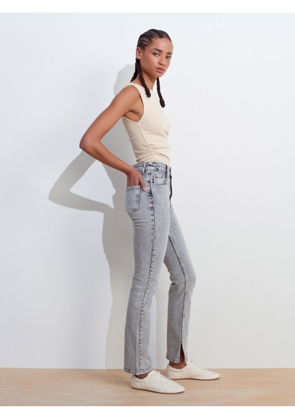 71793 Yanı Yırtmaçlı Comfort Likra Denim Pantolon-Mavi