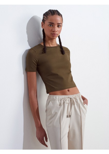 31655 Bisiklet Yaka Crop Top-Kırmızı