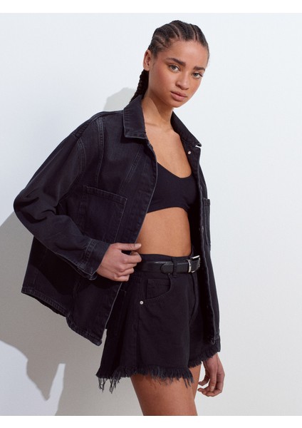 50749 Ön Bölümü Dikişli Oversize Denim Gömlek-Siyah