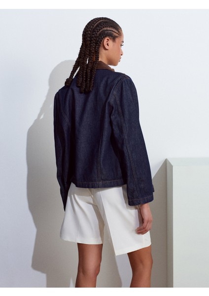 65363 Kadife Yakalı Fermuarlı Denim Mont-Lacivert