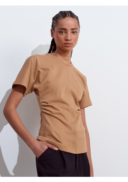31585 Drape Detaylı T-Shirt-Koyu Kahve